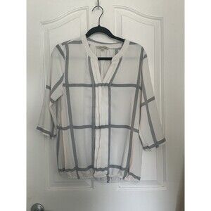 41 Hawthorn Split Neck Blouse Size M White Black Windowpane Elastic Hem Office